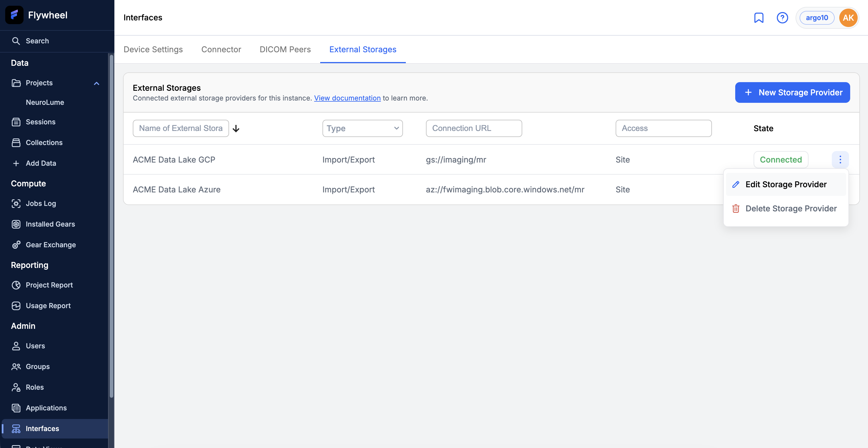 Storage provider actions menu