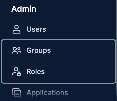 Admin section of the left navigation bar, with Groups and Roles highlighted