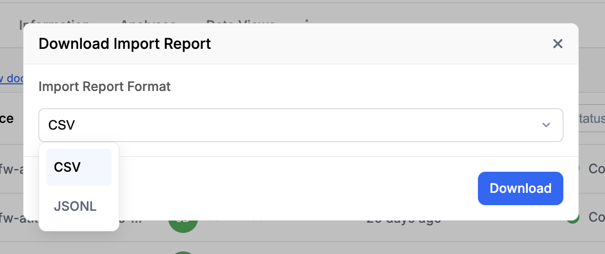 Project -> Imports List -> Download Import Report -> Format Option