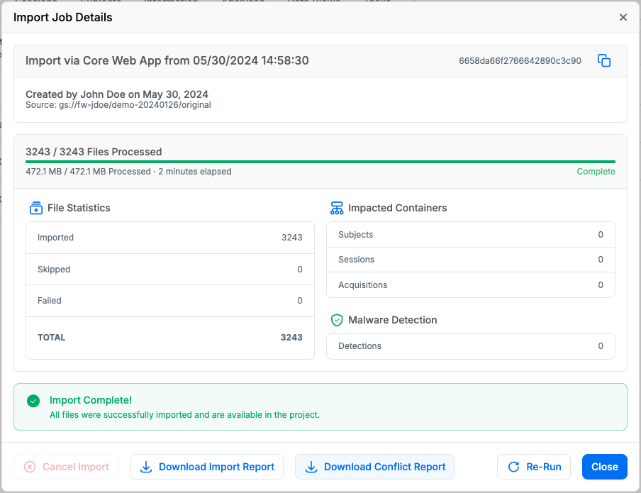 Project -> Imports List -> Details Dialog -> Download Report