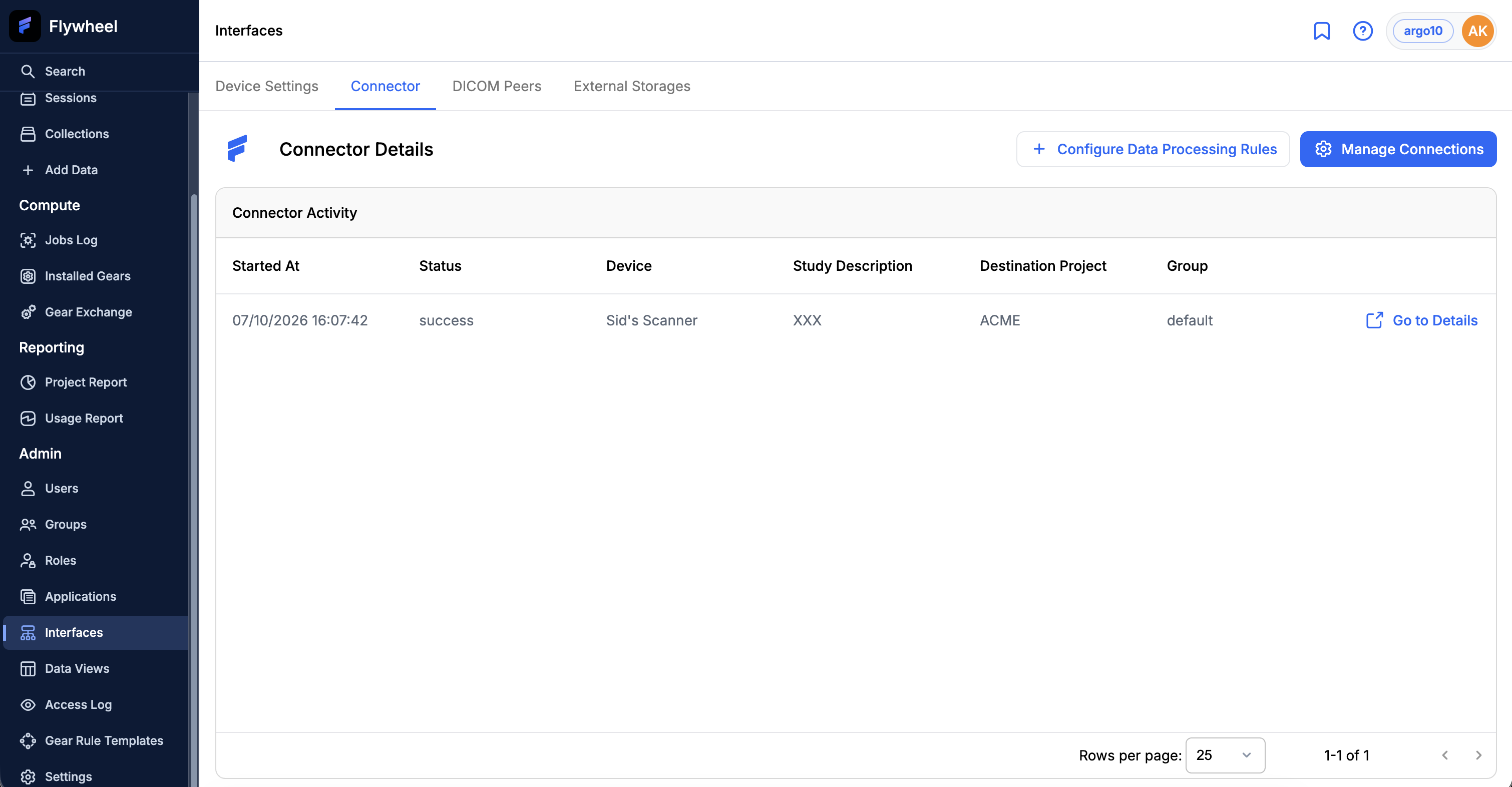 The Connector Activity list showing the time, status, device, study description, destination project, and group
