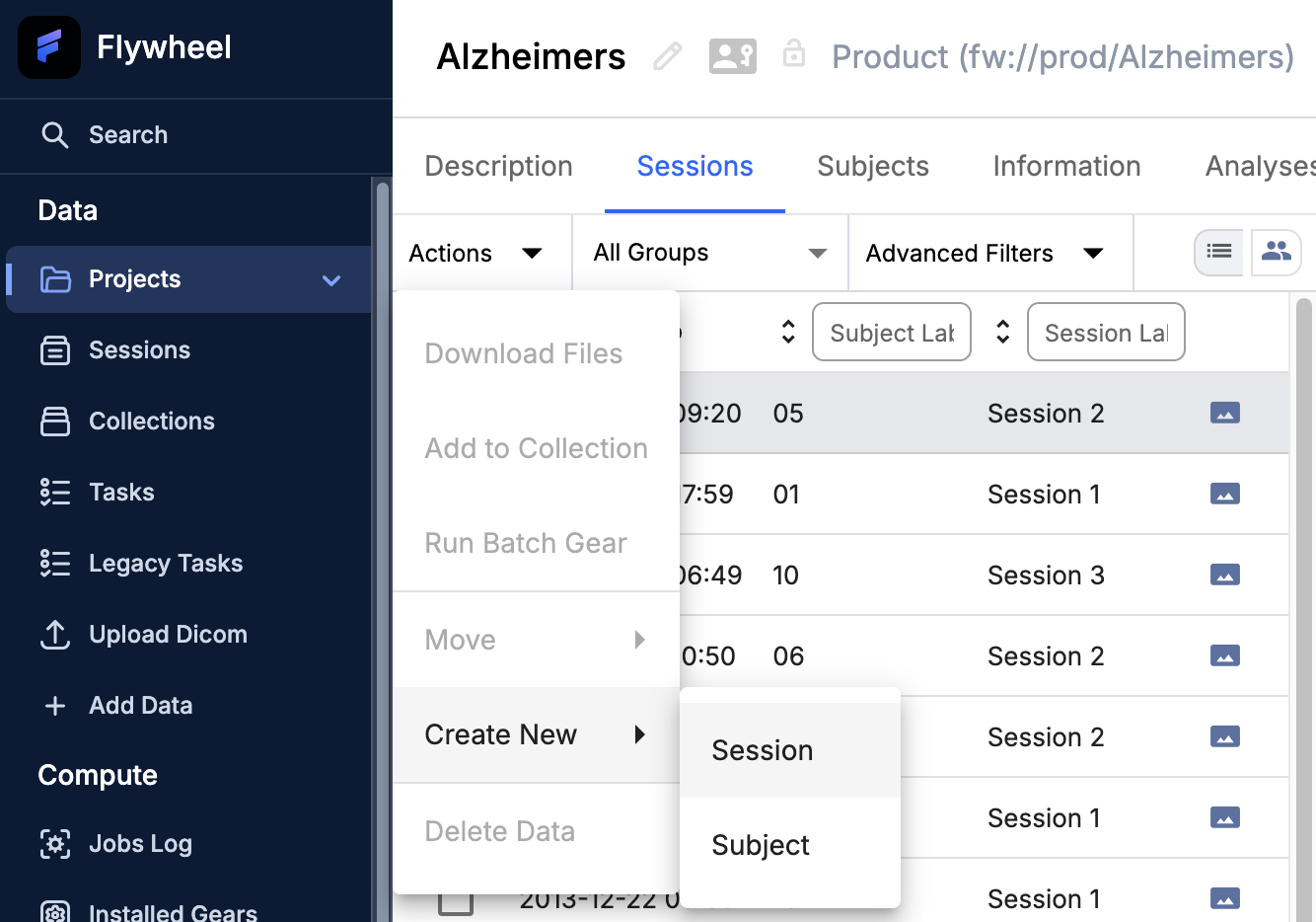 Actions menu Create New Session