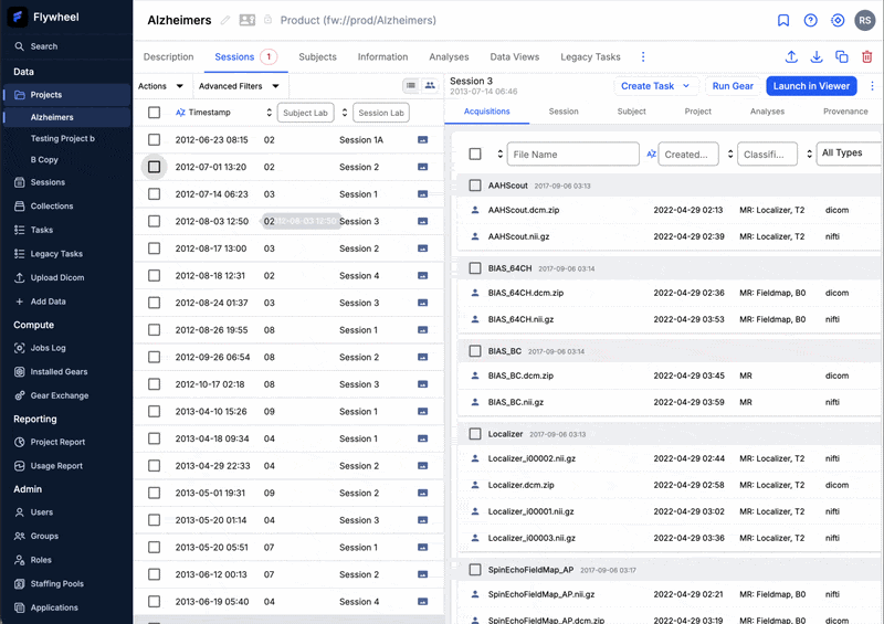 Selecting sessions and choosing file types to download