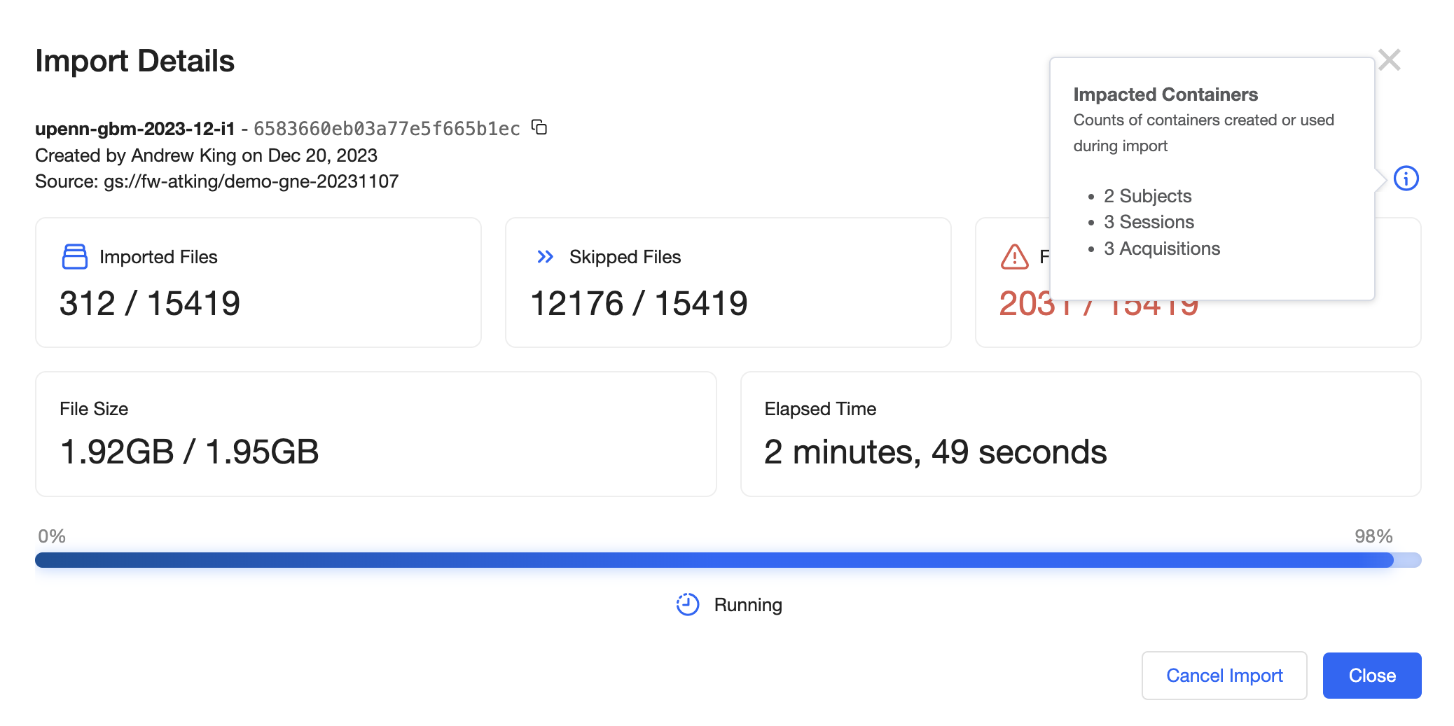 Import Job Container Statistics - Screenshot