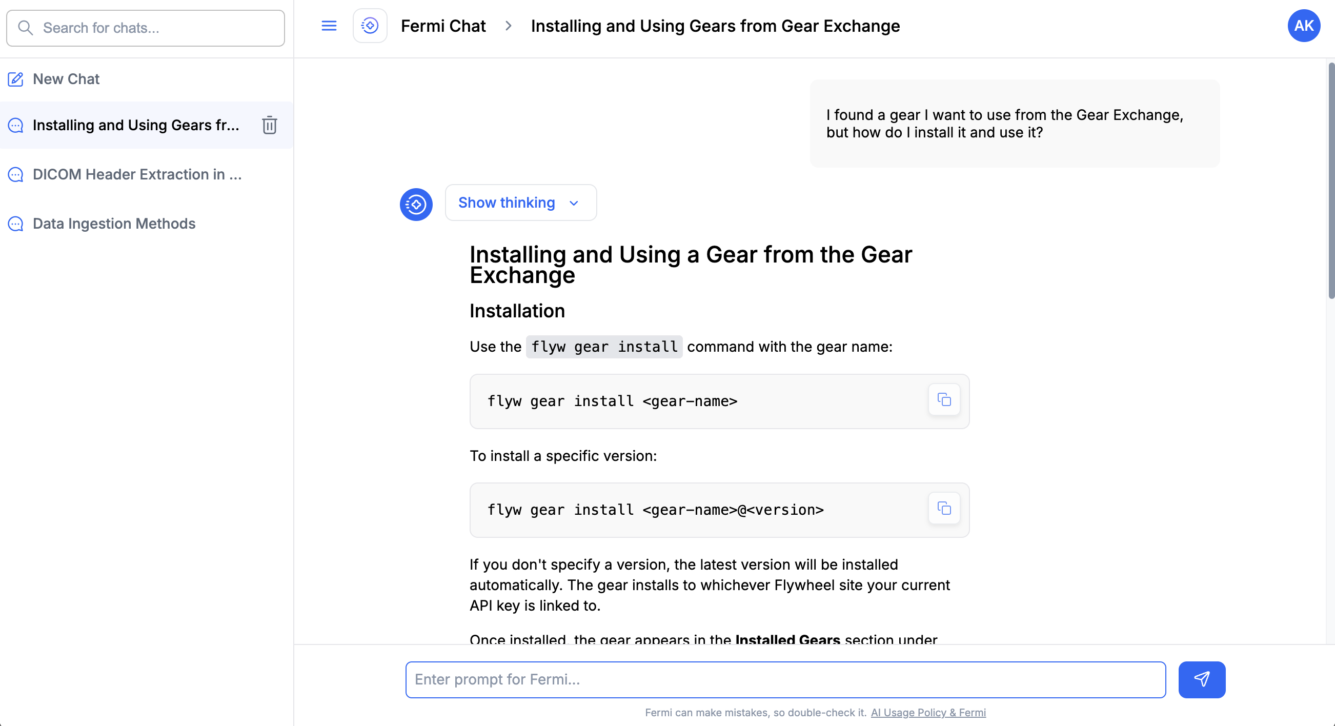 A Fermi answer about installing a gear, with the Show thinking control above it and a copy button on the command block