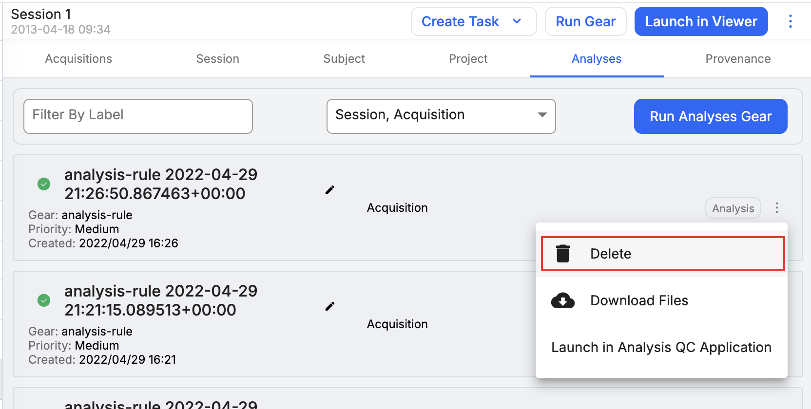 Analyses tab with an analysis overflow menu open and Delete highlighted