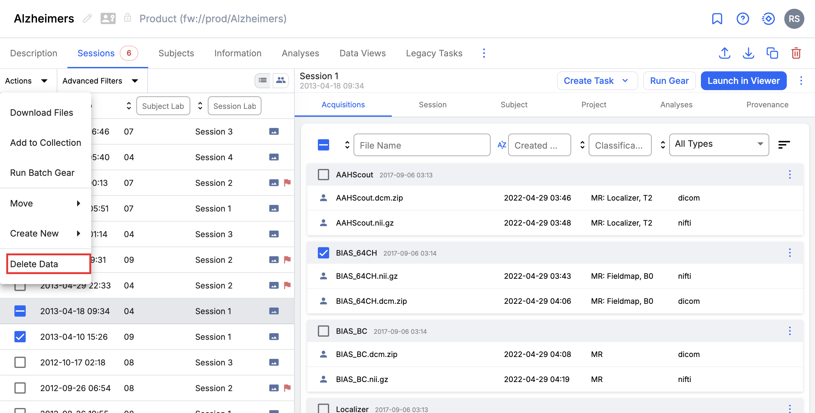 Sessions tab with several sessions selected and Delete Data highlighted in the open Actions menu