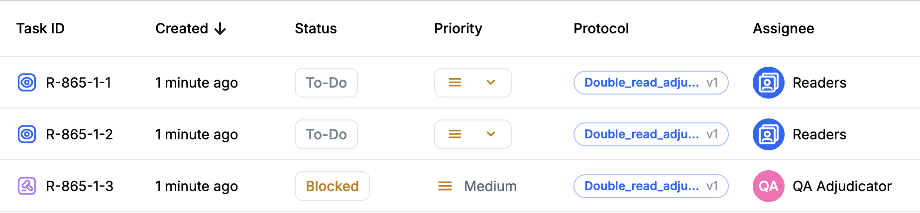 Adjudication task shown as Blocked in a study administrator's task list, alongside its two linked reader tasks