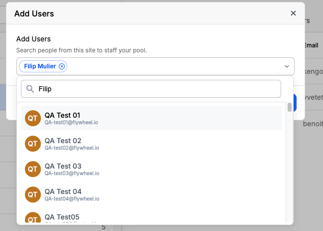 Add Users dialog with search functionality