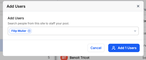 Add Users dialog with selected user