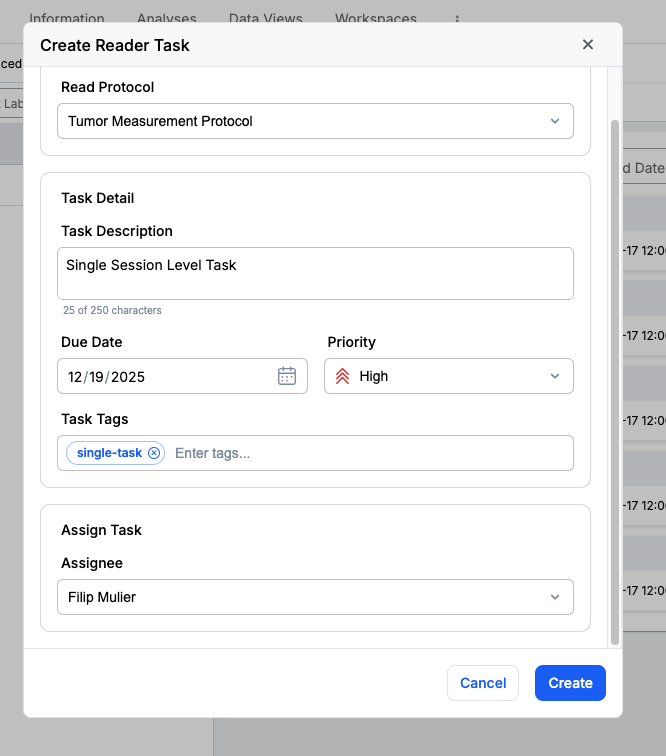 Create Reader Task dialog with all configuration sections