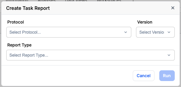 Create Task Report dialog with configuration fields
