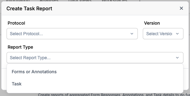 Report Type dropdown showing Forms or Annotations and Task options