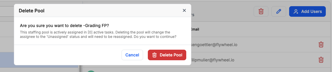 Delete Pool confirmation dialog showing task impact warning
