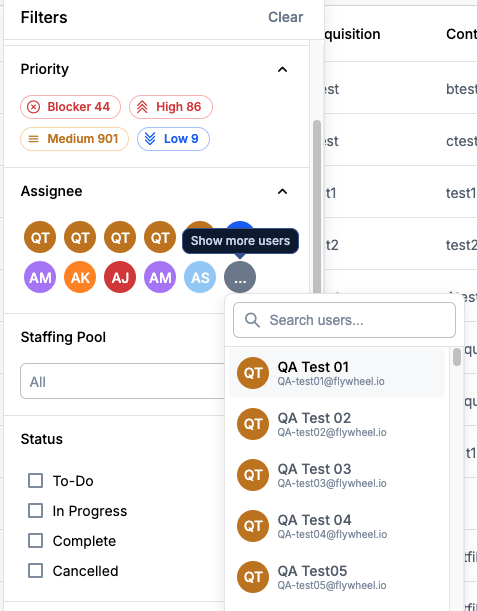 Filter panel showing Priority and Assignee filter sections
