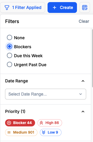 Saved filter selected in the filter panel