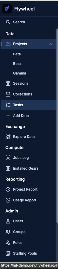Flywheel navigation showing Tasks in left sidebar