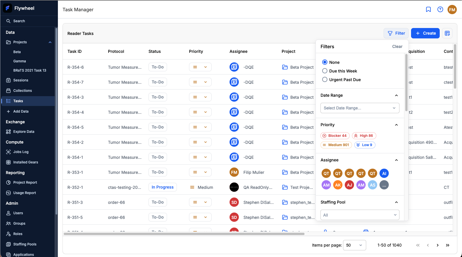 Task list showing staffing pool assignment with member badges