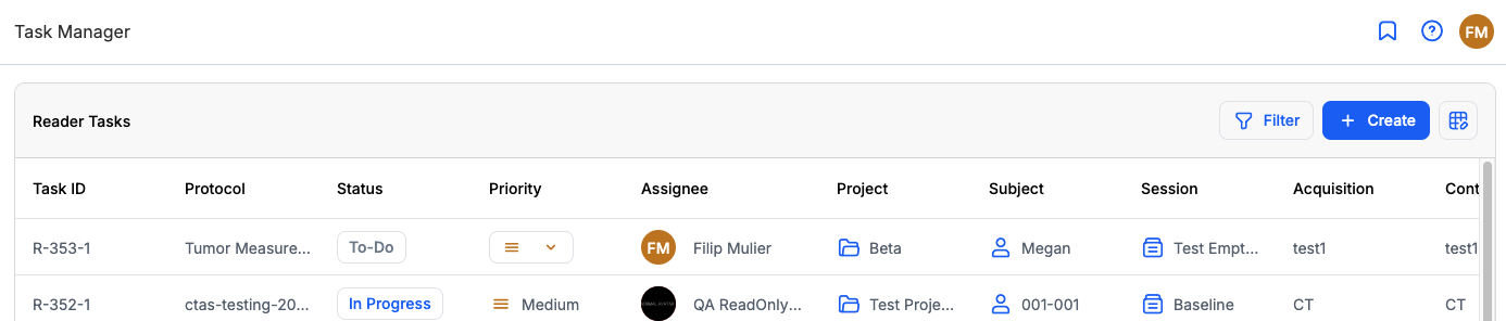 Task Manager showing task list with Create button