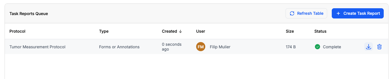 Task report row with download and delete buttons visible