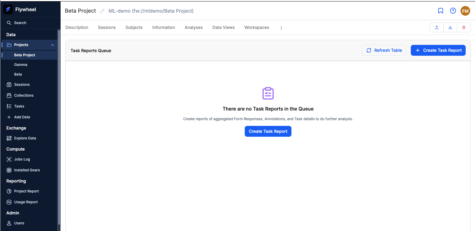Task Reports Queue page in empty state