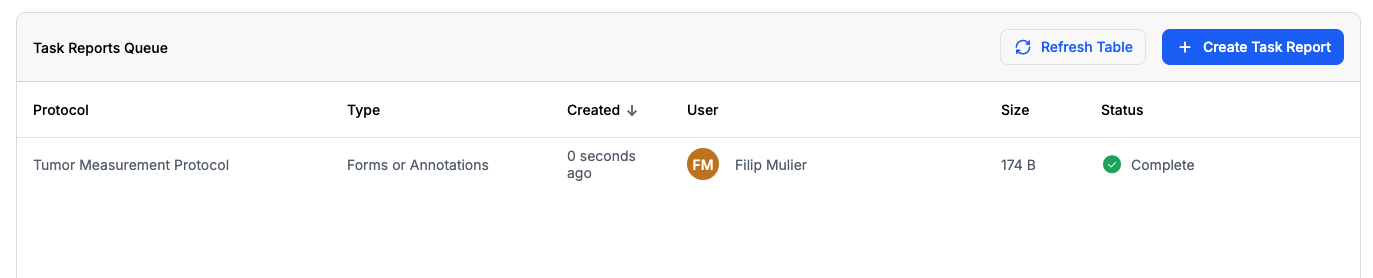 Task Reports Queue showing completed report