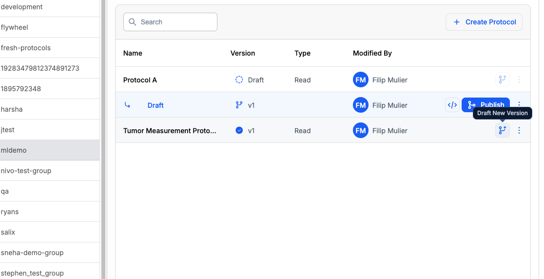 Draft New Version button for published protocol